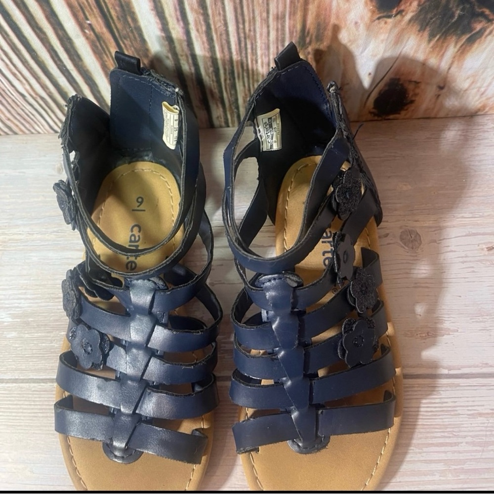 Carters Sandals Navy Toddler Girls Sz 9 Rear zip Slip On with Flower Design